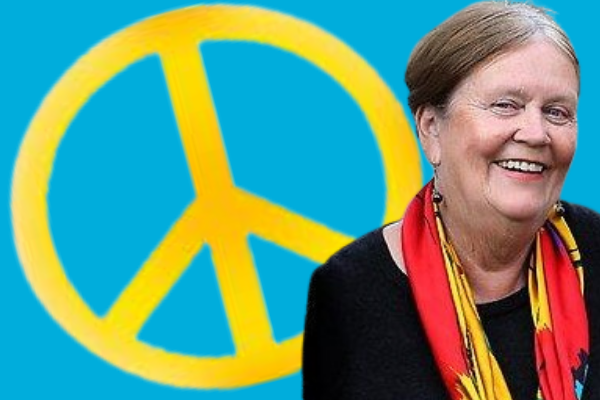 WILPF's Margaret Reynolds with Peace symbol for International Day of Peace